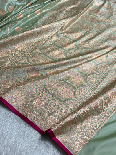 Pista Banarasi Jaal Satin Katan Silk Saree SK06