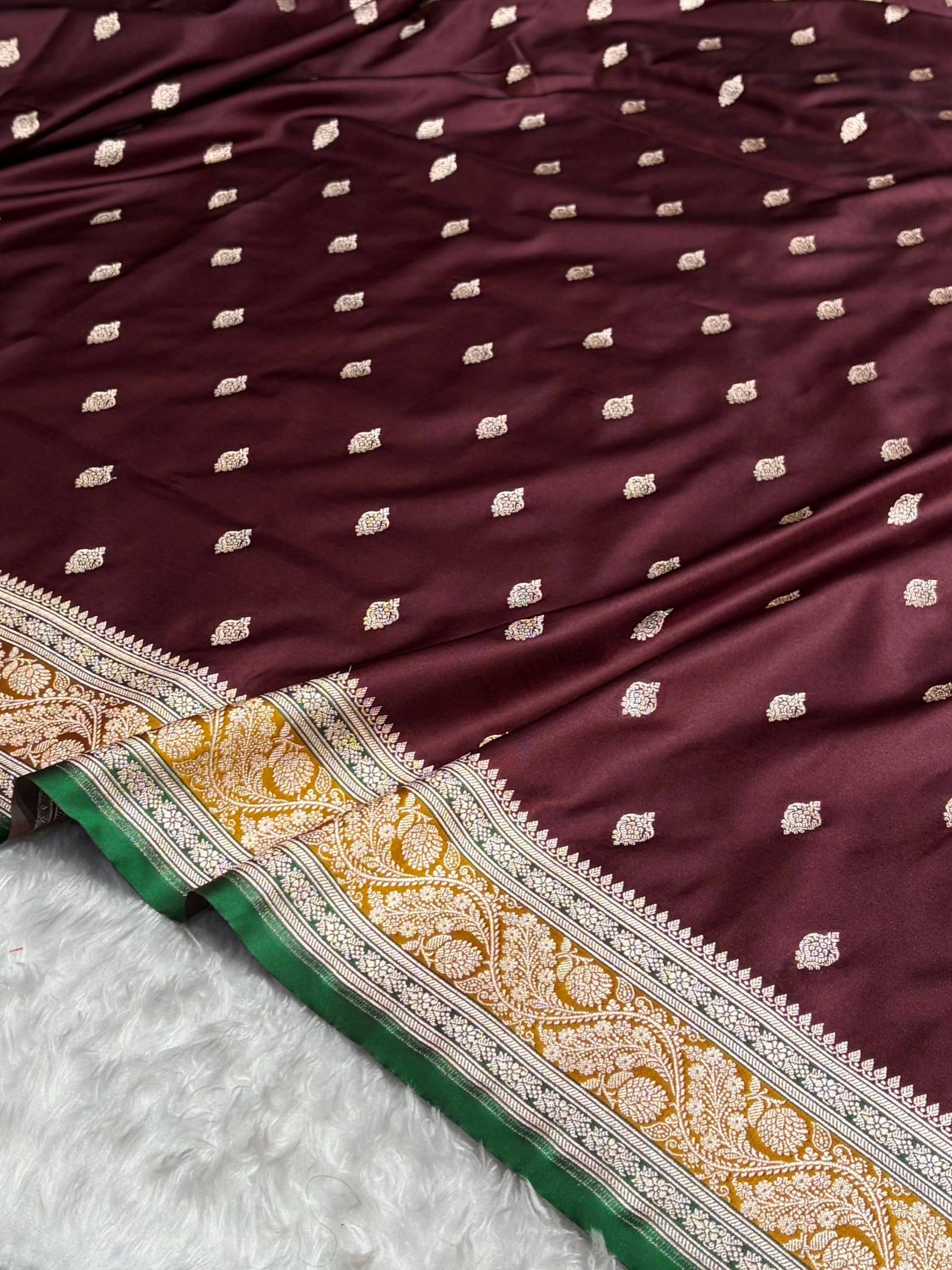 Banarasi Garnet With Contrast Mustard Floral Border Mashru Silk Saree MSM-101