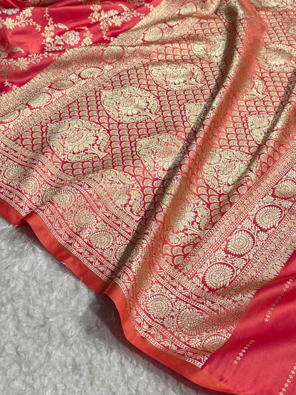 Banarasi Satin Katan Saree With Minakari Jaal Pattern in Gajiri Shades SK126