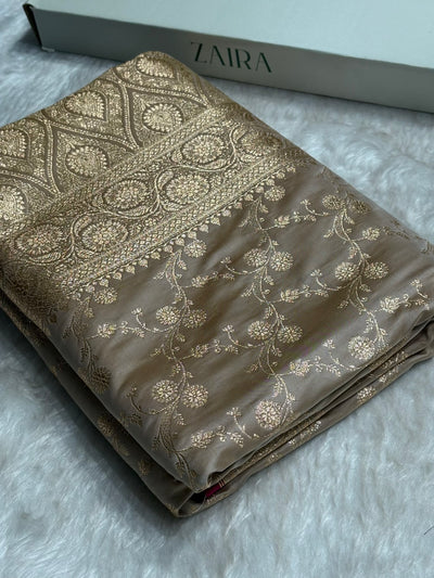 Beige Cross Satin Katan Silk Saree SK17