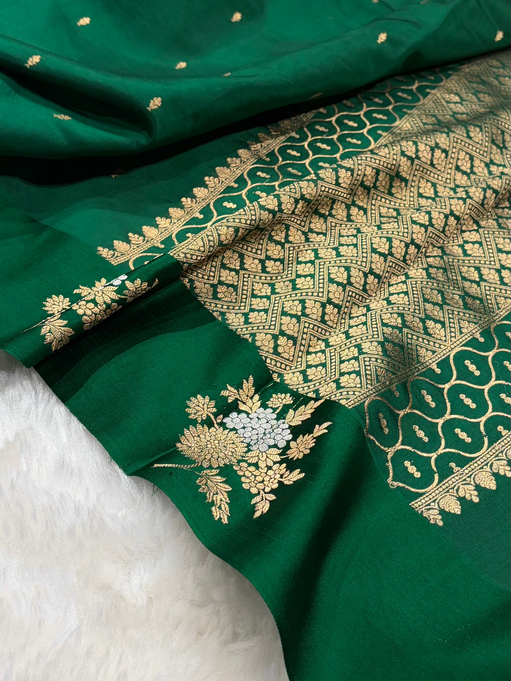 Banarasi Bottle Green Shades Meena Boota Handwoven Pure Paper Silk RM-72