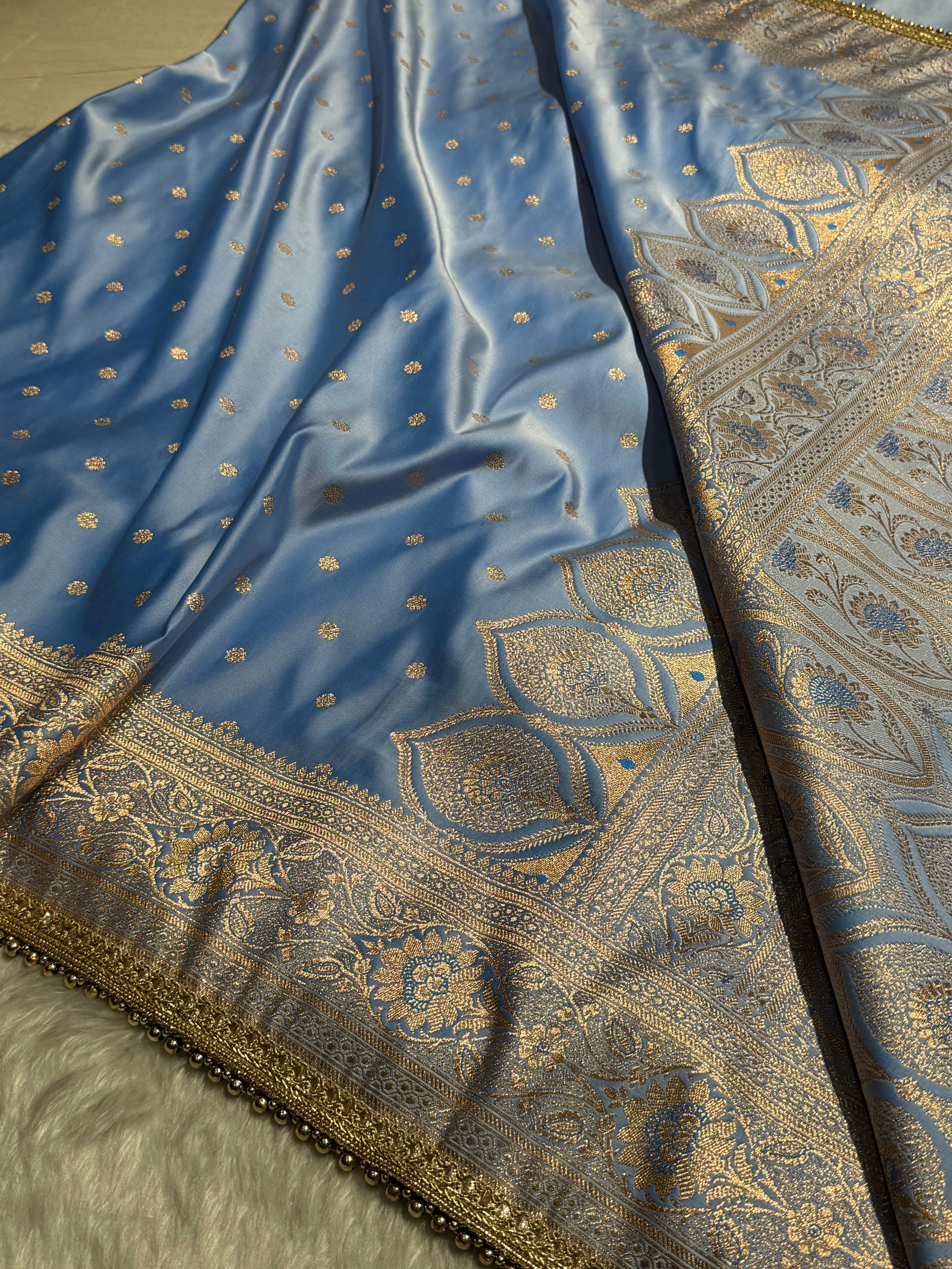 Powder Blue Satin Katan Silk Saree  With Gotta Patti SKGP11