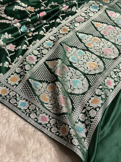 Dark Bottle Green Shades Minakari Jaal Mashru Silk Saree MCS48