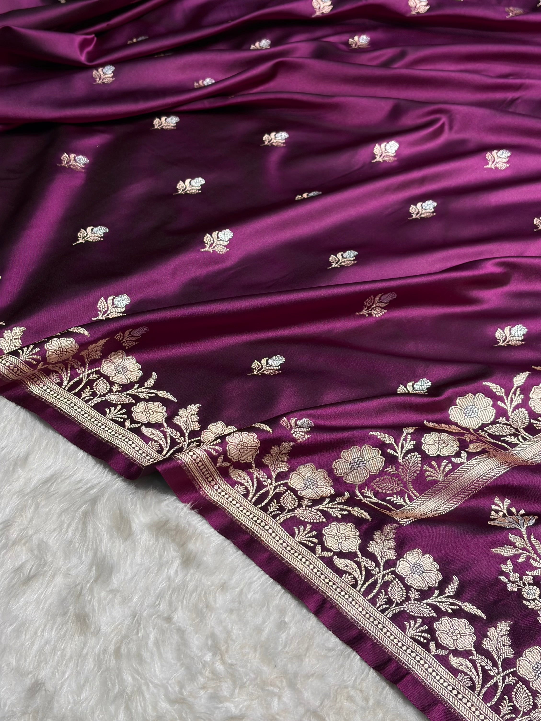 Banarasi Dark Wine Boota With Floral Border Mashru Silk Saree MSM-85