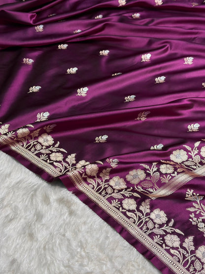 Banarasi Dark Wine Boota With Floral Border Mashru Silk Saree MSM-85