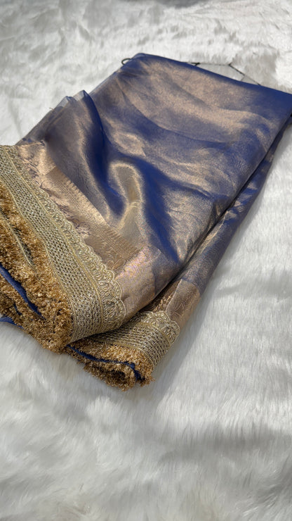 Pastel Royal Blue Pure Tissue Silk Saree with Gotta Patti PTGP3