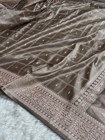 Mouse Grey Shades Banarasi With Floral Border Mashru Silk Saree MSM-124