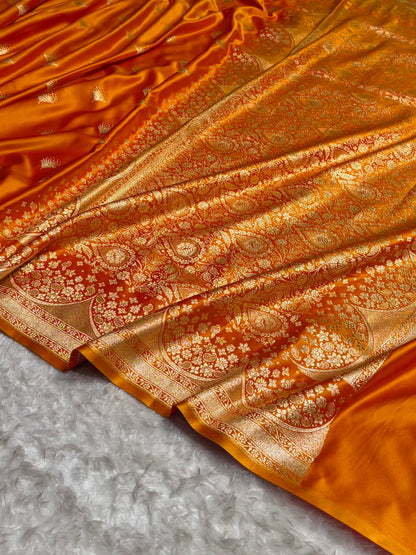 Fire Gold Floral Banasari Pattern Satin Katan Silk Saree SK83