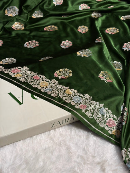 Bottle Green Mashru Silk Saree With Allover Floral Boota MS21