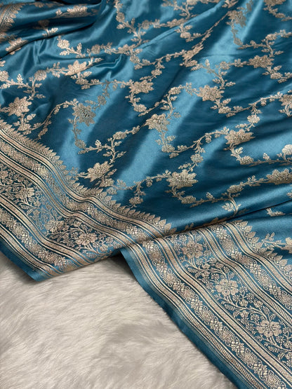 Sky Blue Shades Jaal Pattern Floral Jaal Mashru Silk Saree MS07