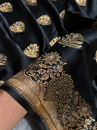 Black Unique Swarovski Stone Work Boota Pattern Satin Katan Silk Saree BSK70