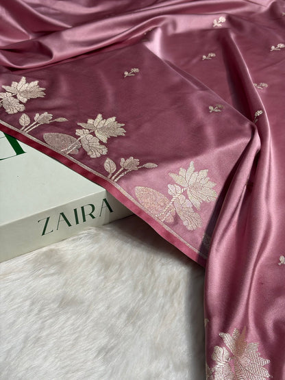 Baby Pink Floral Border Booti Mashru Silk Saree MS54