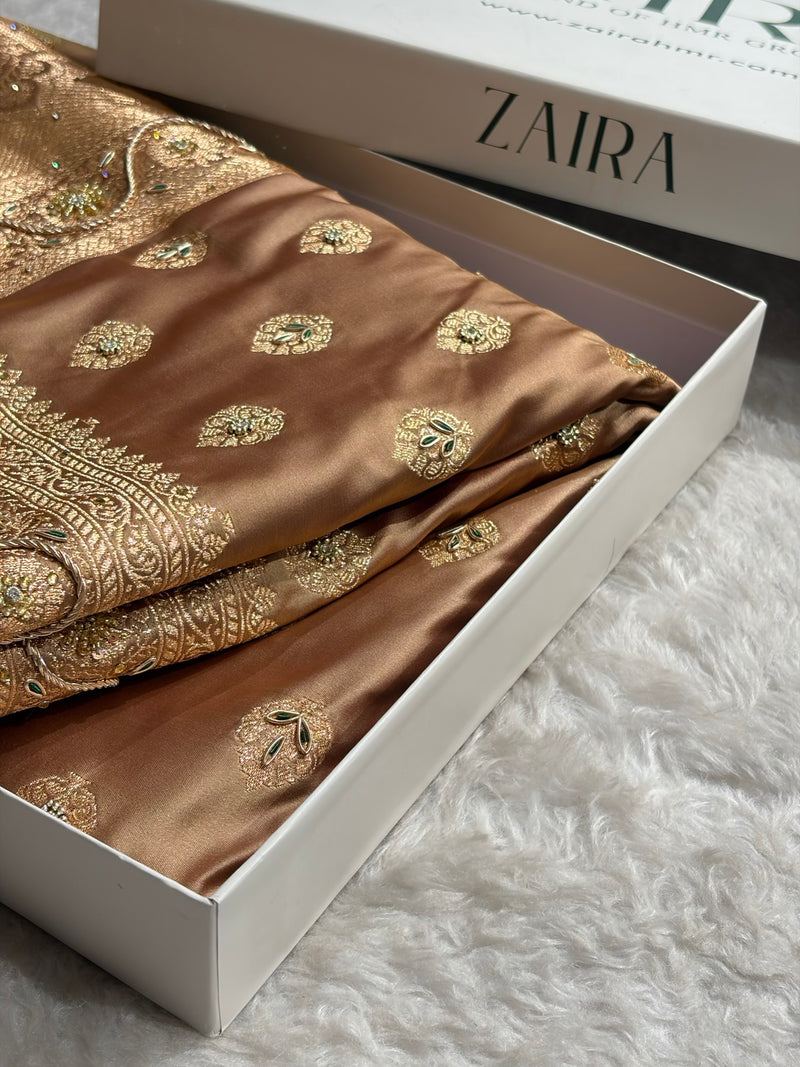 Banarasi Boota Katan Silk Saree In Tusser Shades With Ari Zardozi Work BSK02