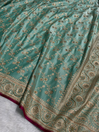 Pastel Sea Green Shades Cross With Swarovski and Zardozi Work Satin Katan Silk Saree BSK17