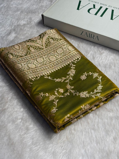 Liril Green Floral Jaal Pattern Satin Katan Silk saree SK60