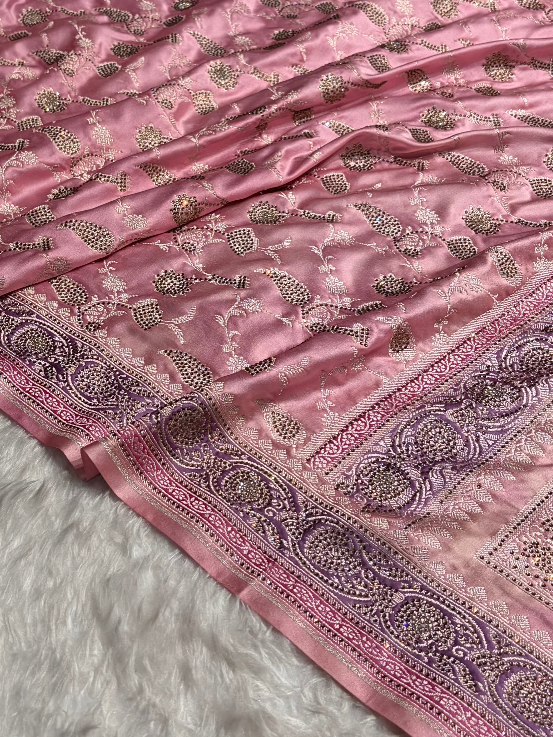 Baby Pink Shades In Banarasi Swarovski Work Jaal Mashru Silk Saree BMS42