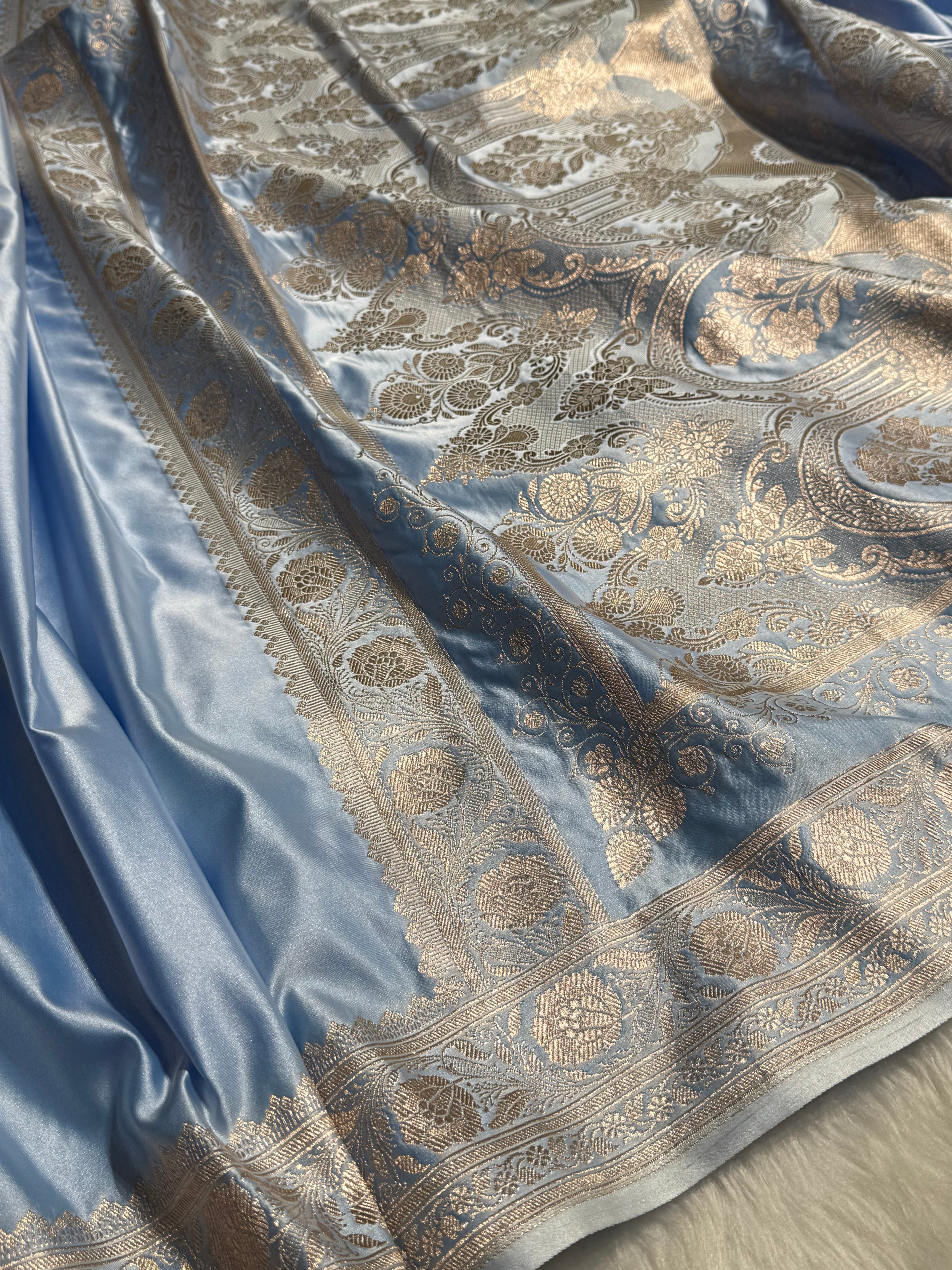 Powder Blue Shades Plain Mashru Silk Saree