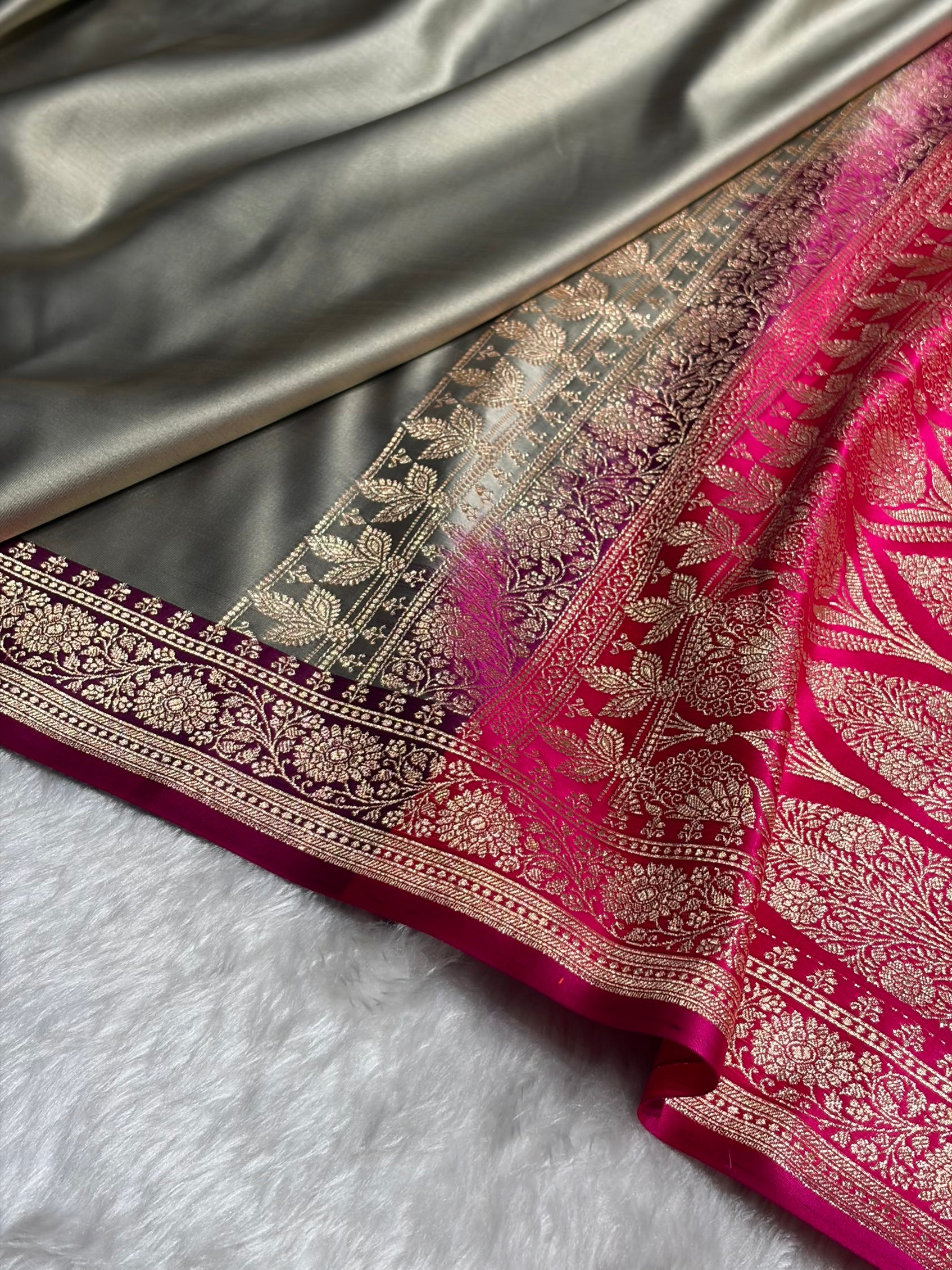 Banarasi Satin Katan Saree in Contrast Metallic Grey / Rani Shades SK131