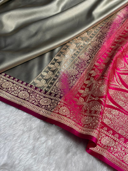Banarasi Satin Katan Saree in Contrast Metallic Grey / Rani Shades SK131