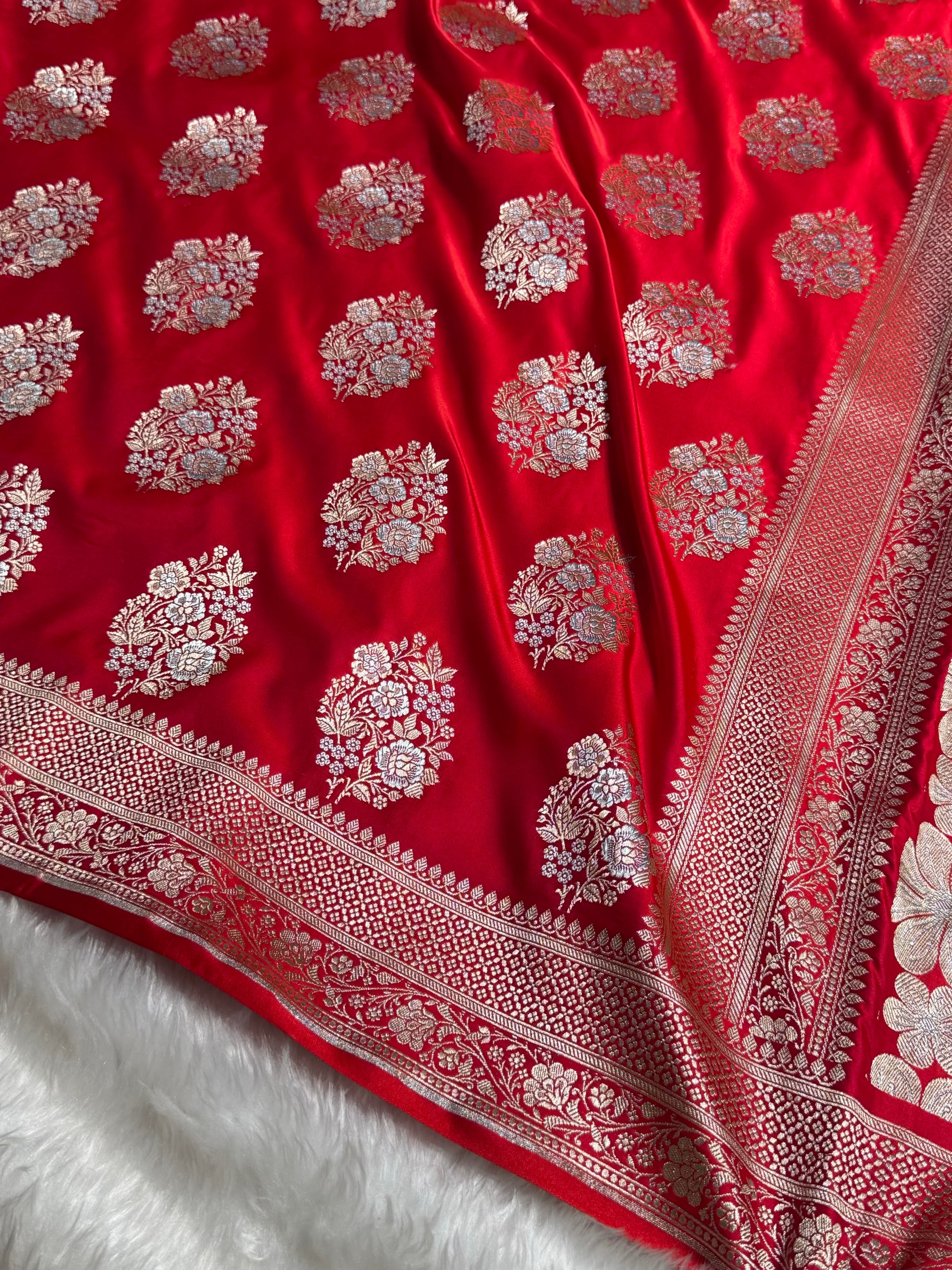 Premium Banarasi Satin Katan Saree With Minakari Boota in Red Shades SK93