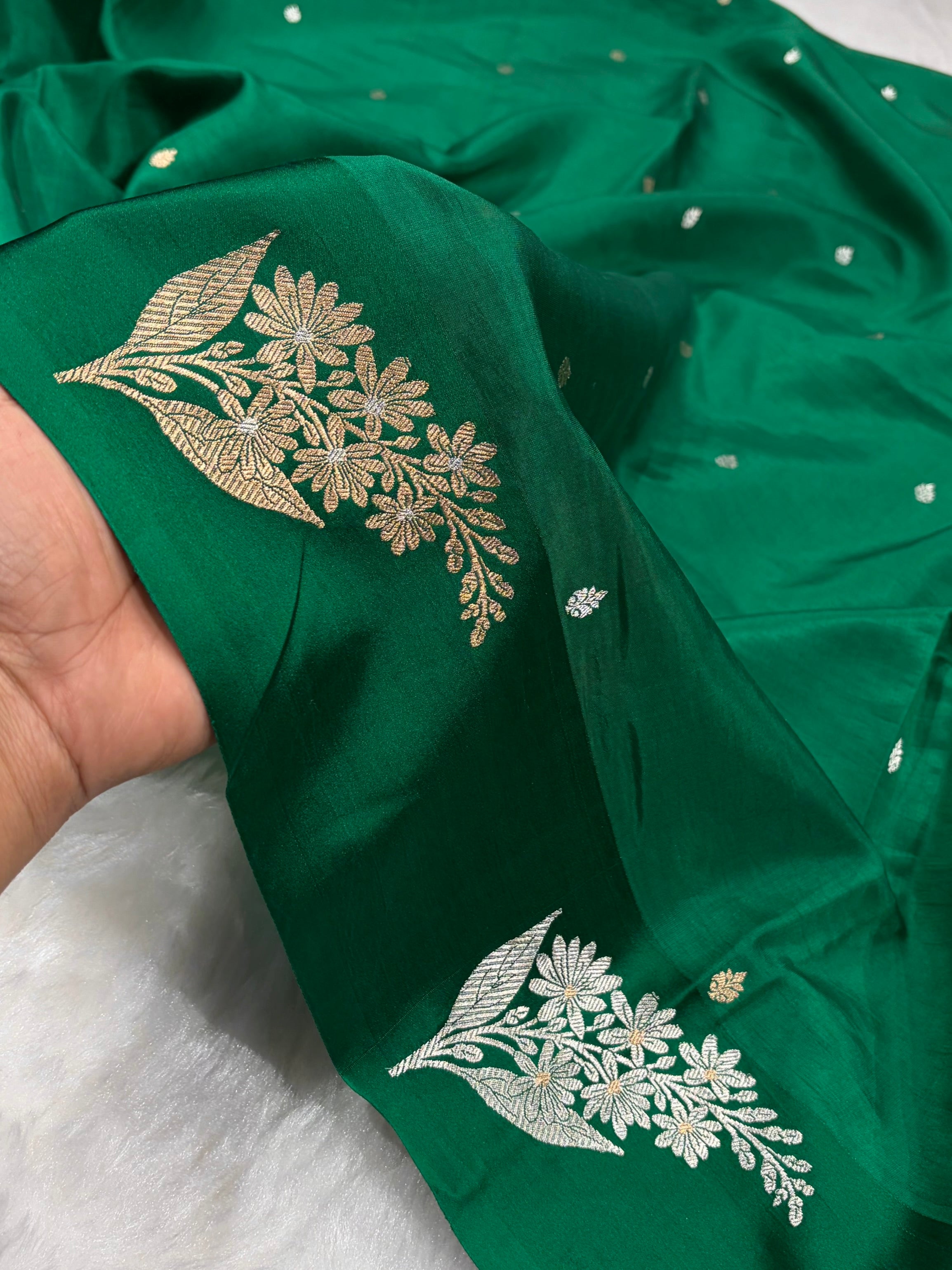 Banarasi Bottle Green Shades Meena Boota Handwoven Pure Katan Paper Silk RM-73