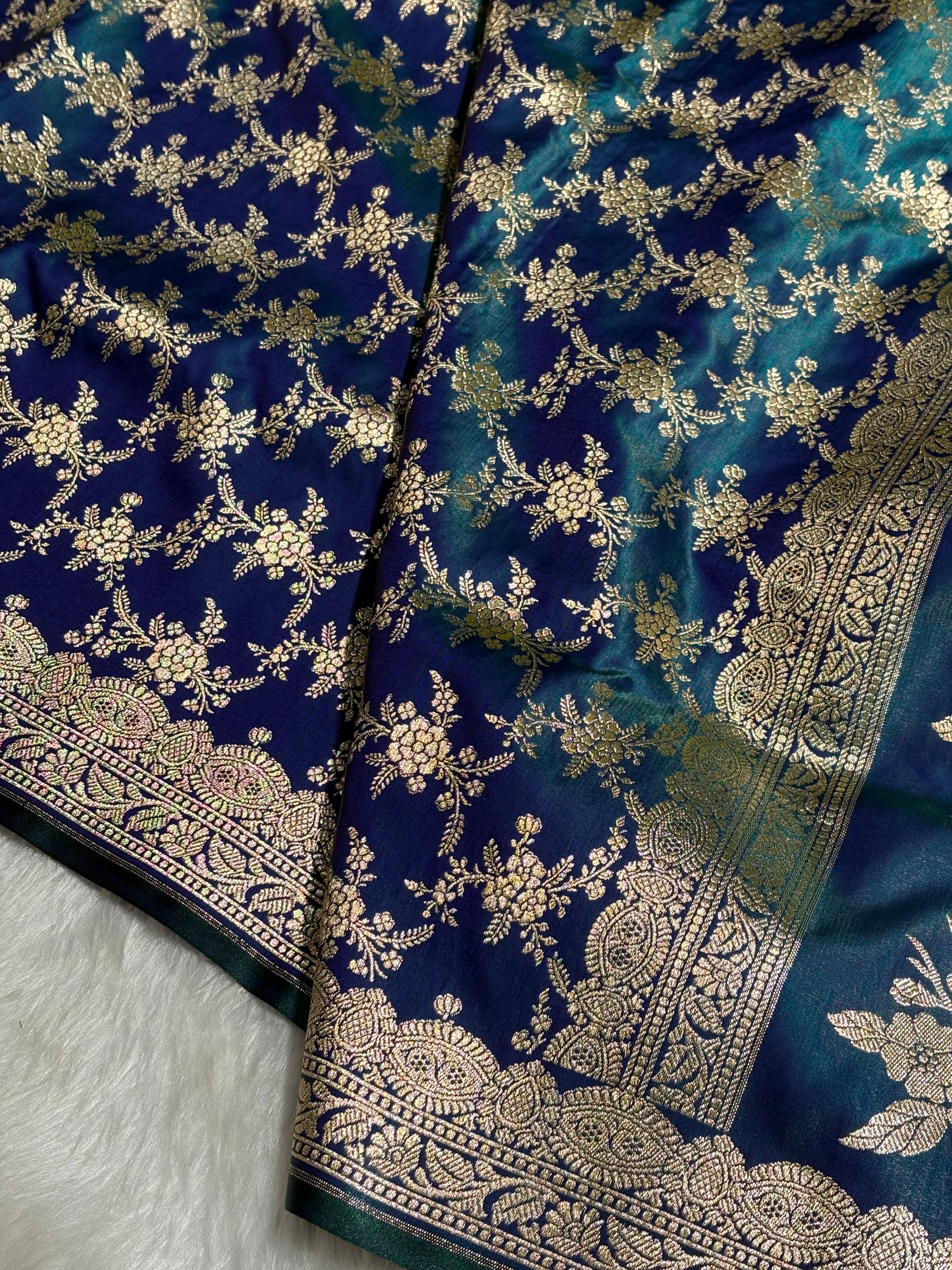 Light Wight Satin Silk Jaal in Peacock Shades with brocade Blouse SS16