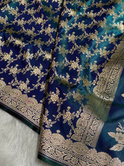 Light Wight Satin Silk Jaal in Peacock Shades with brocade Blouse SS16