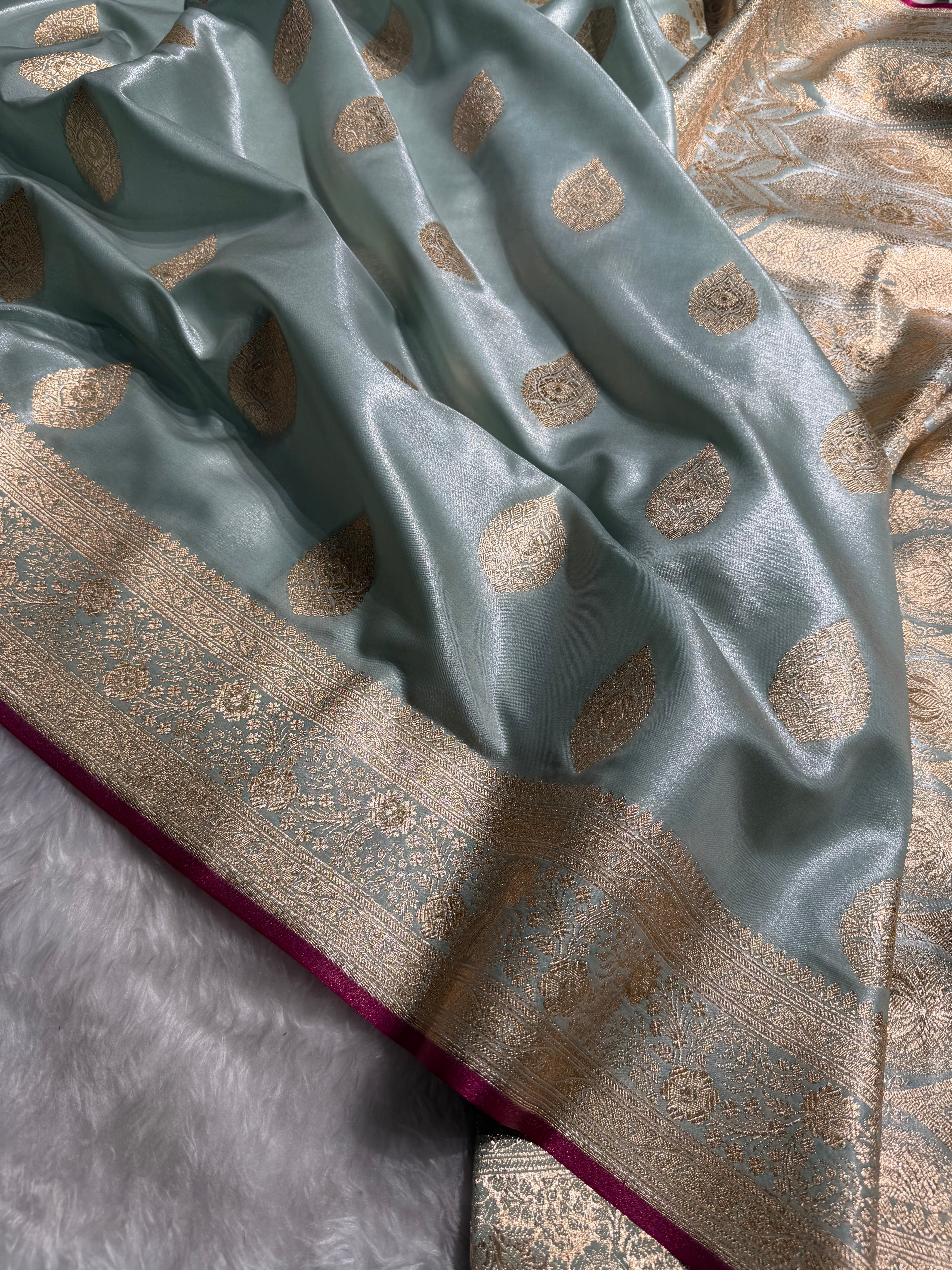 Ultra Light Weight Satin Silk Boota in Mint Green Shades SS05