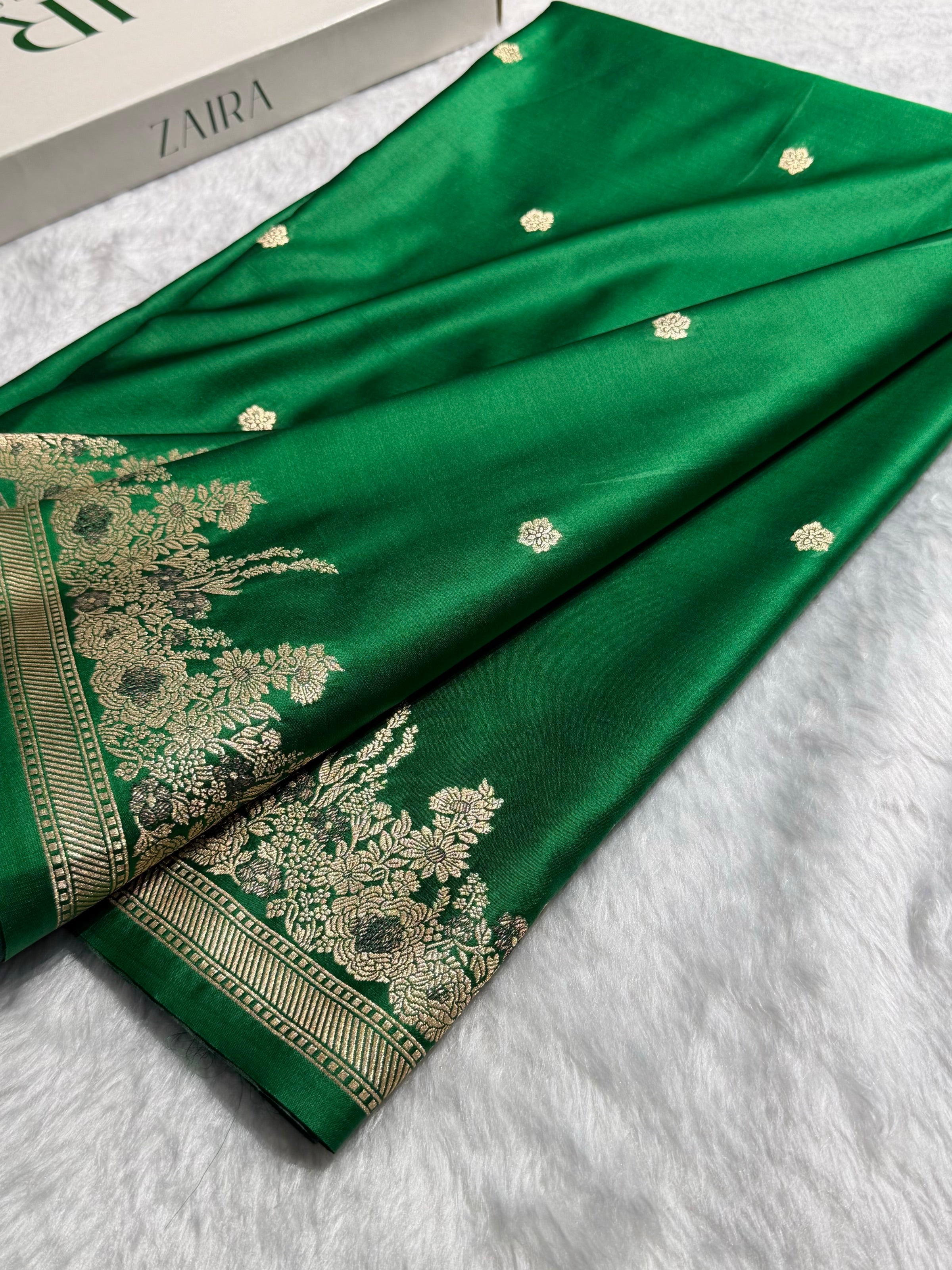 Banarasi Satin Katan Saree Booti Minakari Pattern in Bottle Green Shades SK136