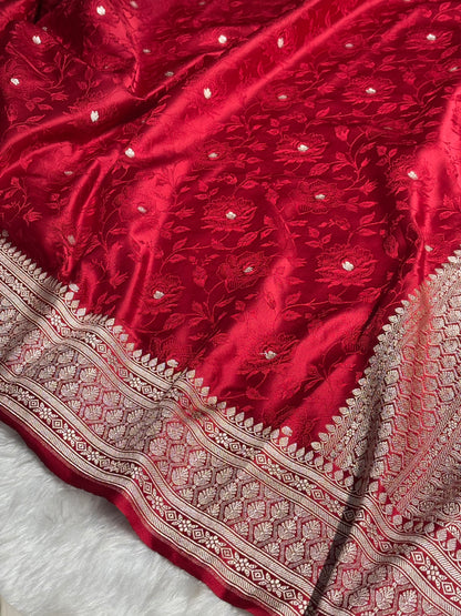 Banarasi Tanchoi Cherry Red Floral Booti Mashru Silk Saree MS59