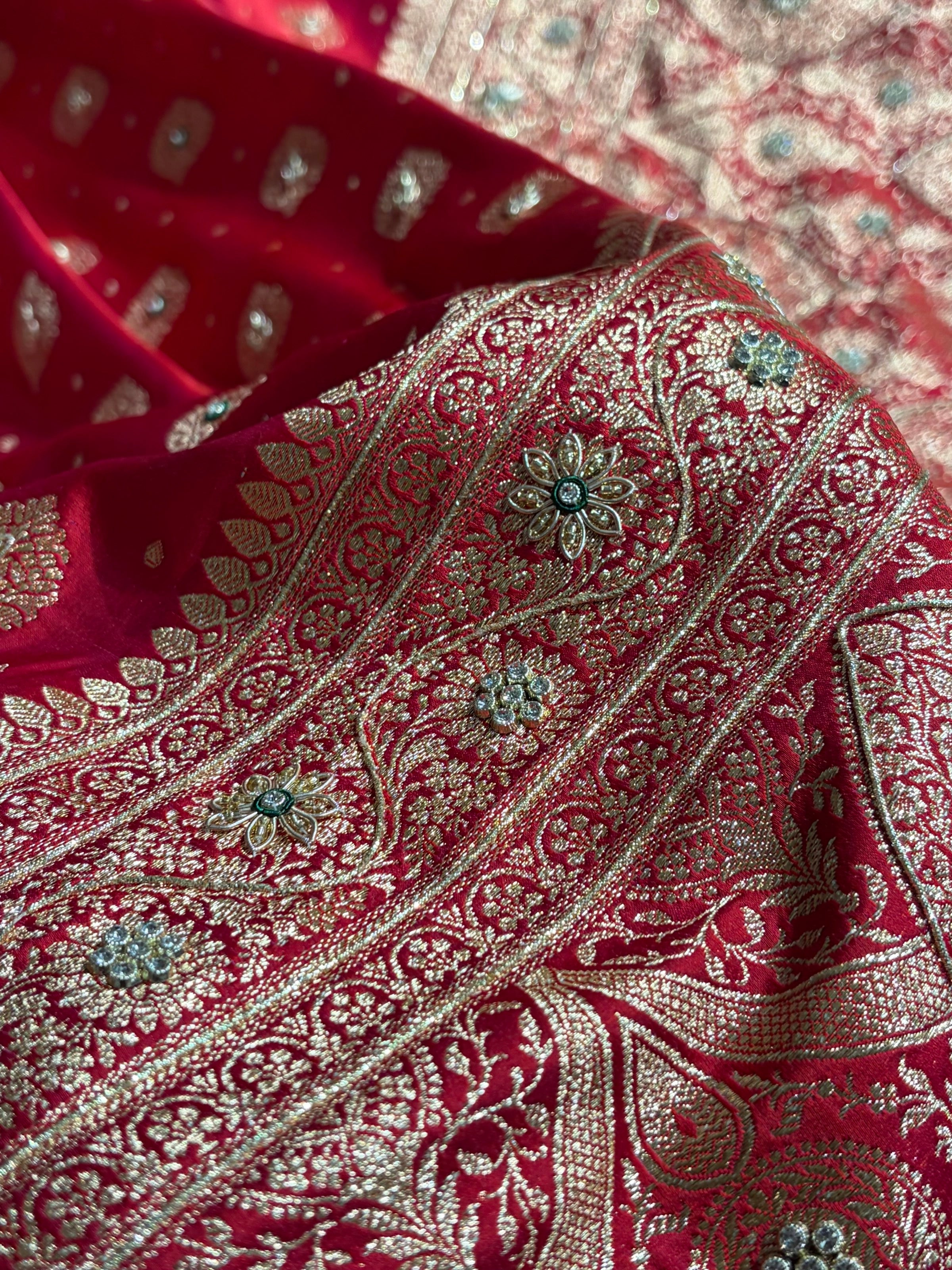 Bridal Red Unique Boota Pattern With Stone & Ari Work Satin Katan Silk Saree BSK69
