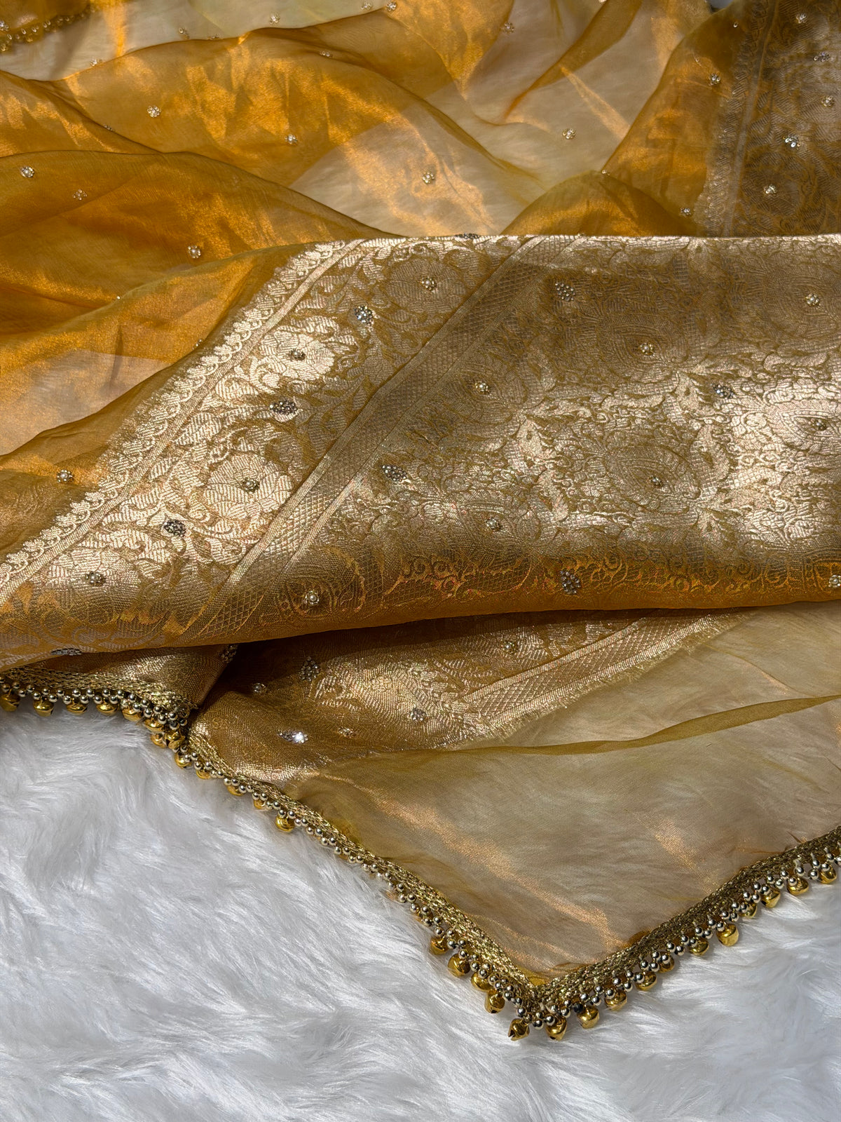 Gold Shades Pure Tissue Silk With Banarasi Swarovski Work Saree X Ghongroo BPGPT-18