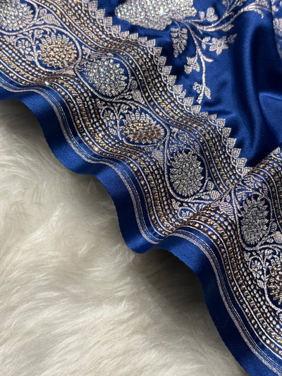 Banarasi Royal Blue Shades Swarovski Work Jaal Mashru Silk Saree BMCS63