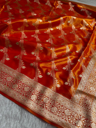 Fire Gold Shades Cross Pattern Banarasi Satin Silk Saree SS50