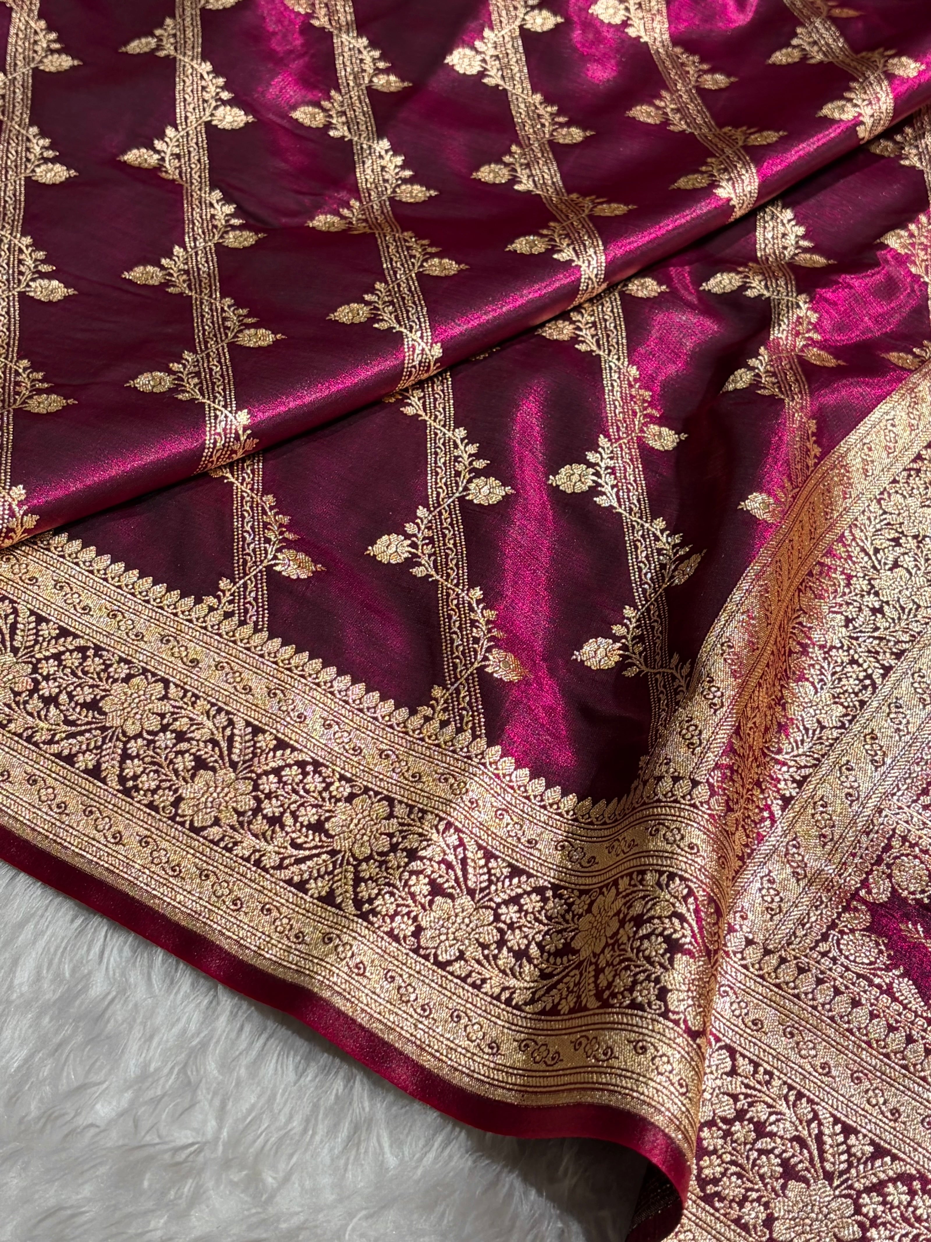 Wine Shades Cross Pattern Banarasi Satin Silk Saree SS50