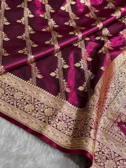 Wine Shades Cross Pattern Banarasi Satin Silk Saree SS50