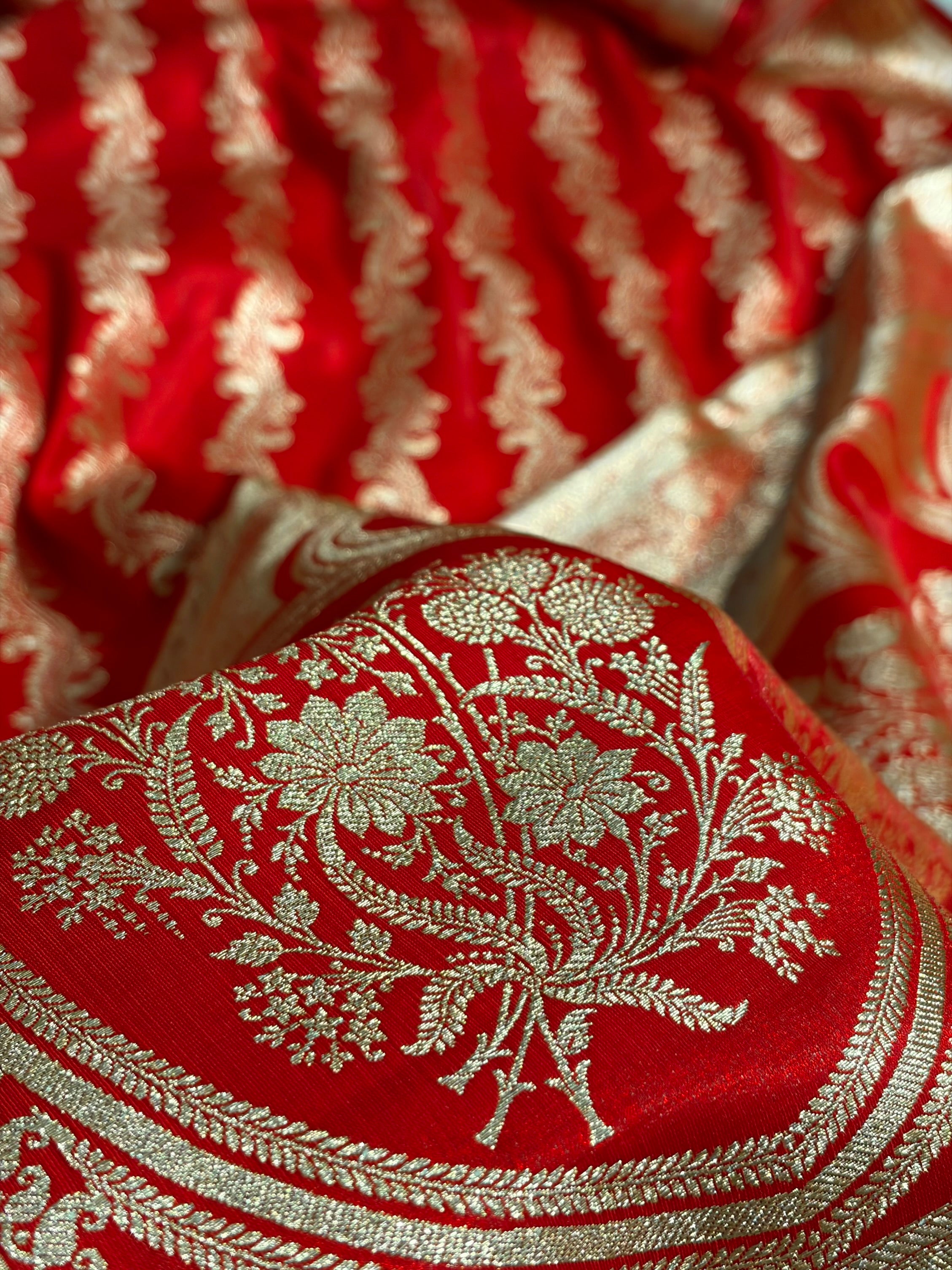 Red Shades Cross Pattern Banarasi Satin Silk Saree SS39
