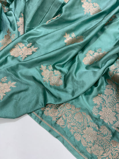 Aqua Blue Floral Motif Mashru Silk Saree