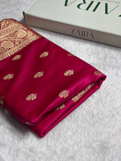 Rani Floral Boota Pattern Satin Katan Silk Saree SK71