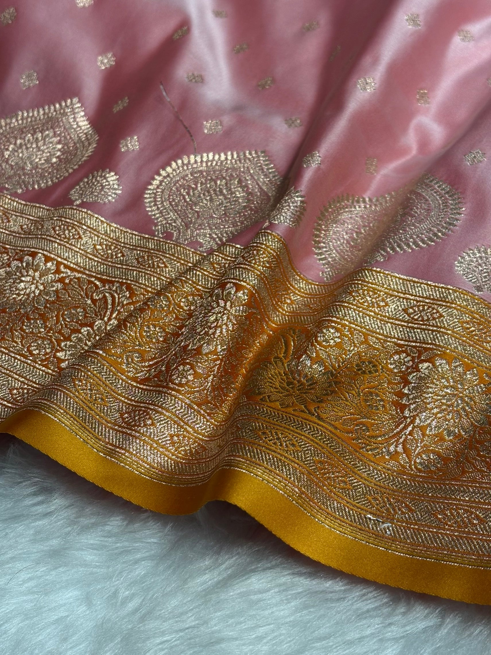 Baby Pink with Mustard Booti Satin Katan Silk saree SK29
