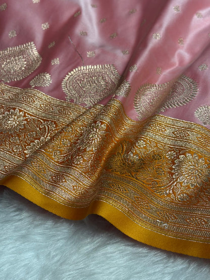 Baby Pink with Mustard Booti Satin Katan Silk saree SK29