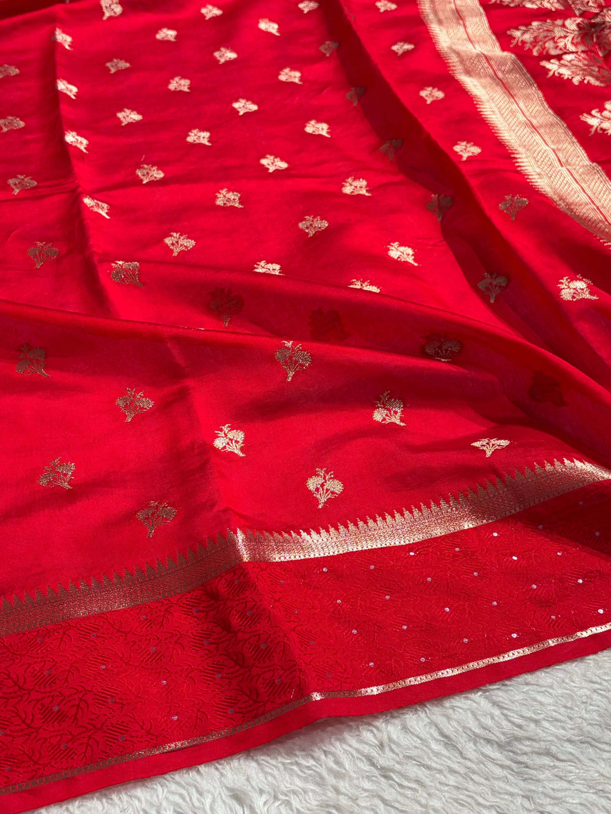 Dark Red Shade Flower Boota Pure Caramel Mango Silk Saree CS-15