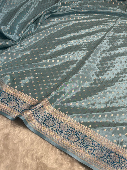 Powder Blue Shades With Contrast Border Crepe Silky Katan Banarasi Saree CSK-04