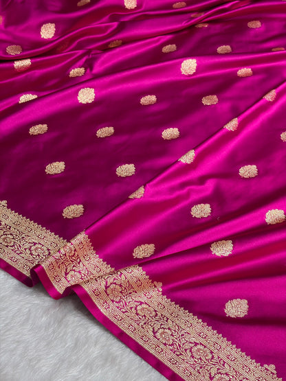 Cross Magenta Booti Pattern Satin Katan Silk Saree SK65