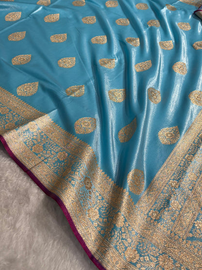 Ultra Light Weight Satin Silk Boota in Sky Blue Shades SS05