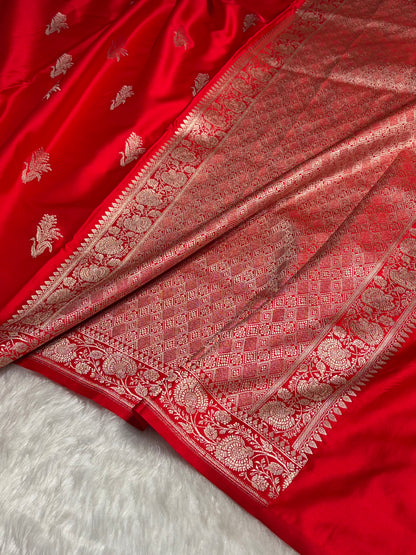 Red Boota With Floral Border Mashru Silk Saree MSM-89