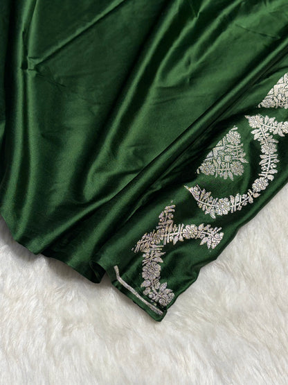 Bottle Green Minakari Scallop Floral Booti Mashru Silk Saree MS46