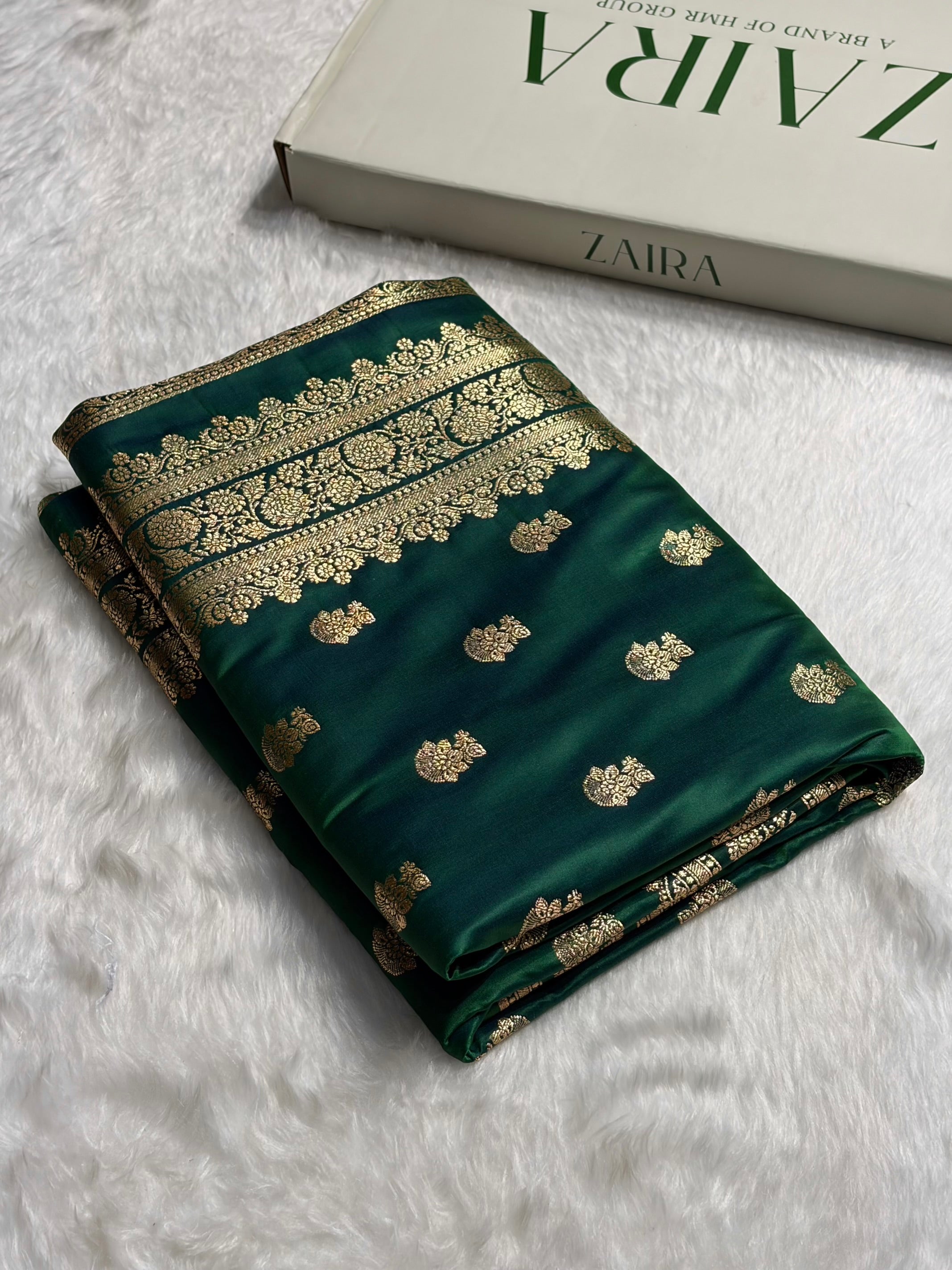 Cross Green Booti Pattern Satin Katan Silk Saree SK49