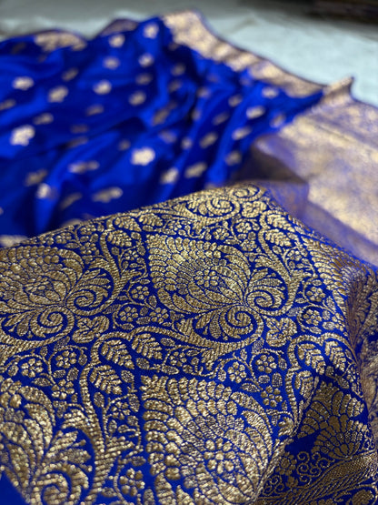 Royal Blue Shades Floral Booti Motif Satin Katan Silk saree SK61