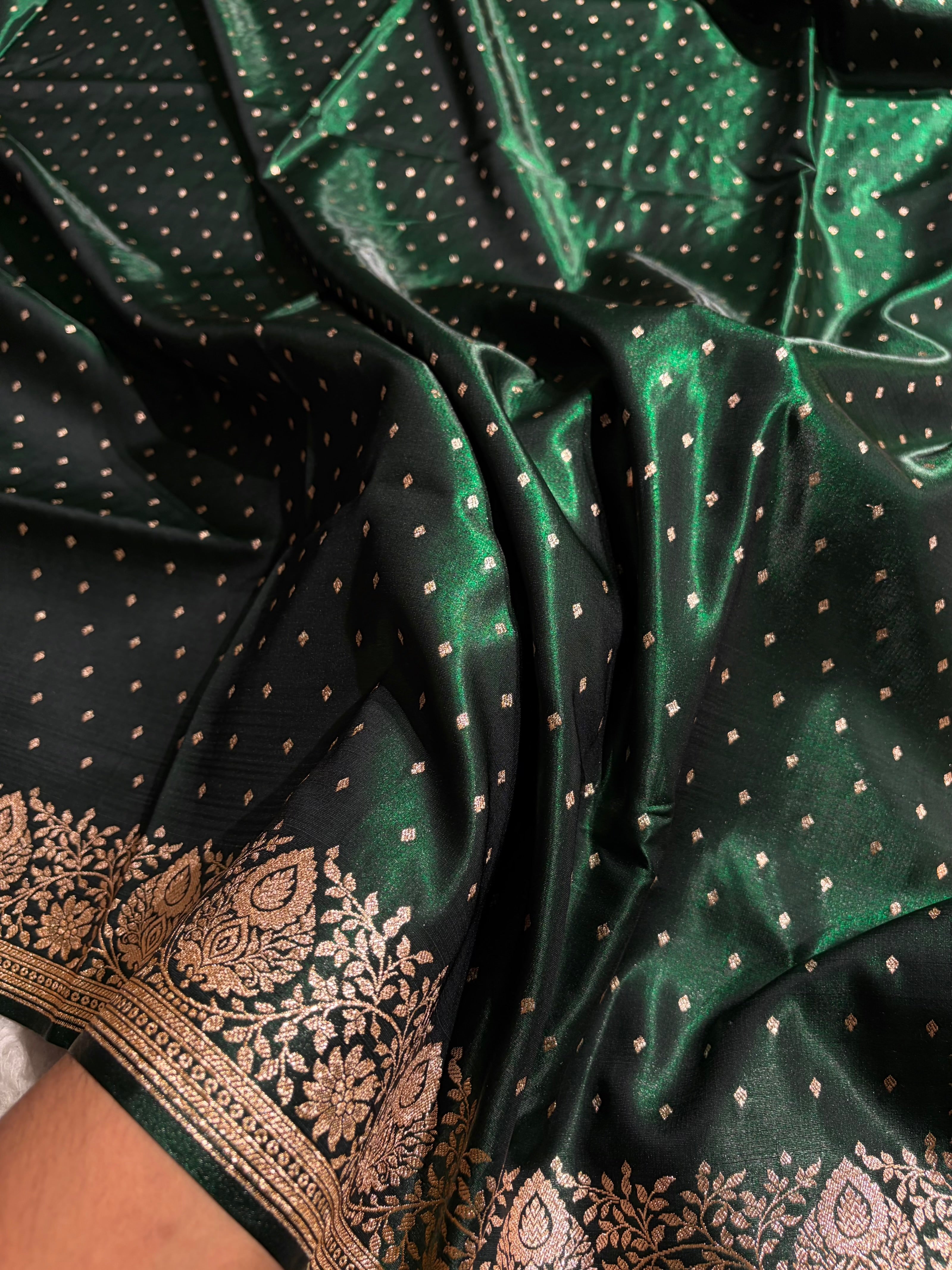 Satin Silk Saree Floral Boota in Bottle Green Shades SS28